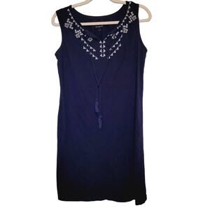Kim Roger's navy blue embroidered tassel sleeveless sheath dress size S boho